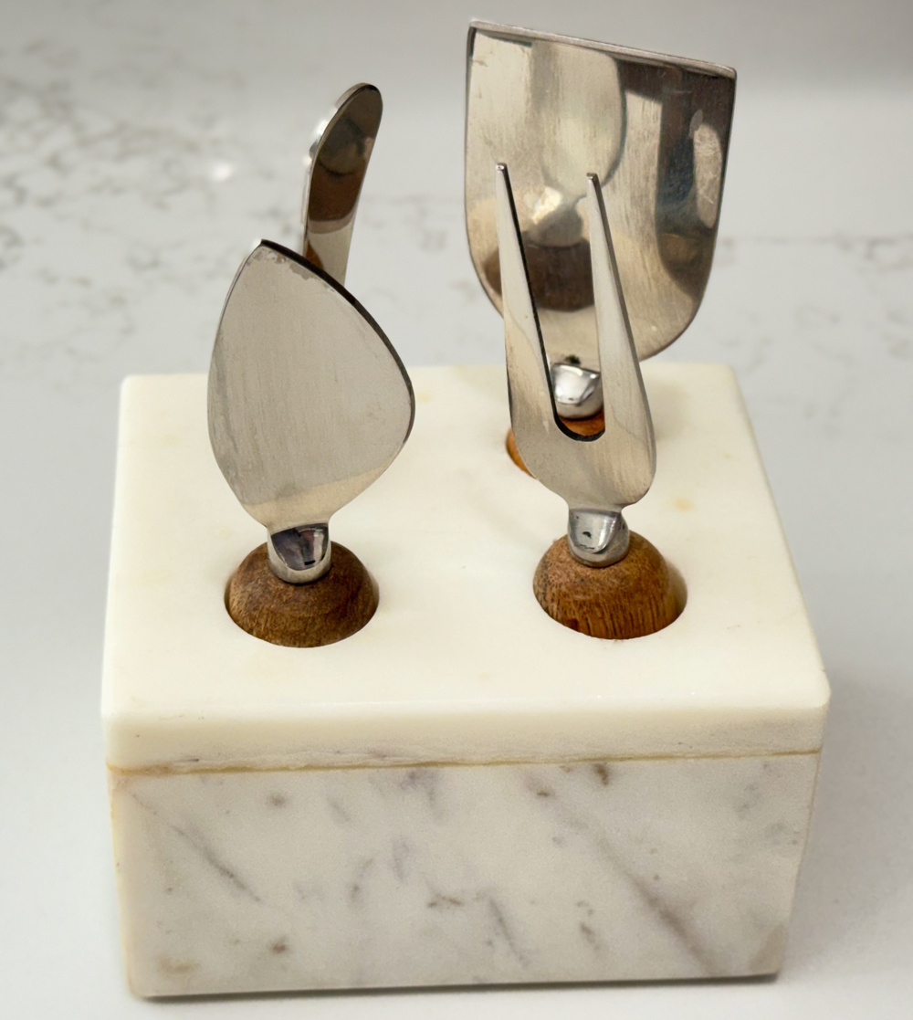 Creative Co-Op Marble Cheese Knife Set 5 Pc Mango Wood Handle Serving Block Stan